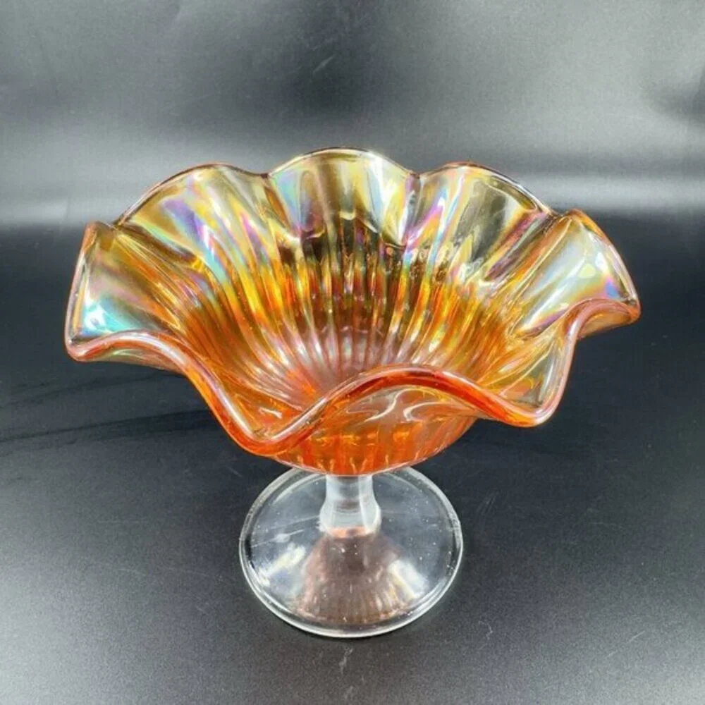 VTG Marigold Carnival Glass Iridescent Ruffled Pedestal Compote Footed Dish Bowl